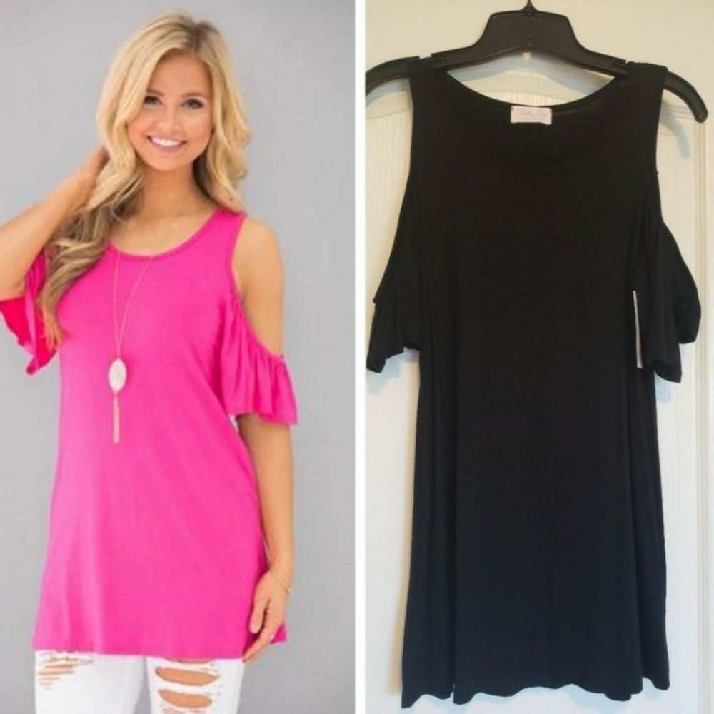 NWT *BLACK* Pink Lily Top Shirt Blouse Small Cold Shoulder Shown In Pink For Fit
